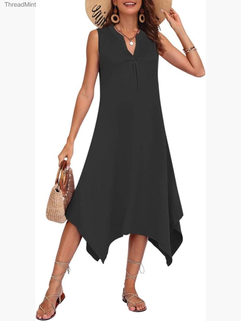 Sleeveless Midi Sundress with Pockets, Asymmetrical Hem, V-Neck, A-Line